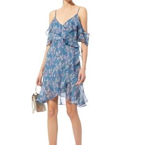 Intermix 100% Silk A-Line Blue Floral Dress V Neck Short Sleeve Ruffled Size 6